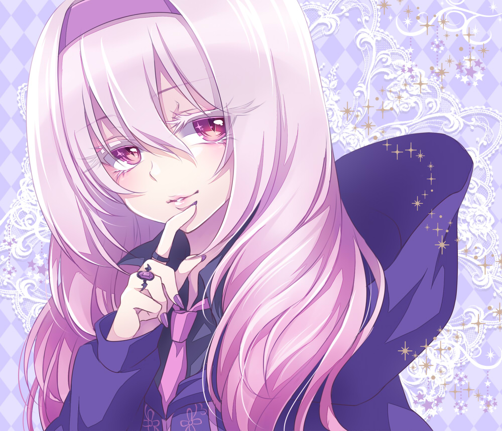 1girl, fingernails, gahata_meiji, gradient_hair, hairband, hooded_jacket, jewelry, long_fingernails