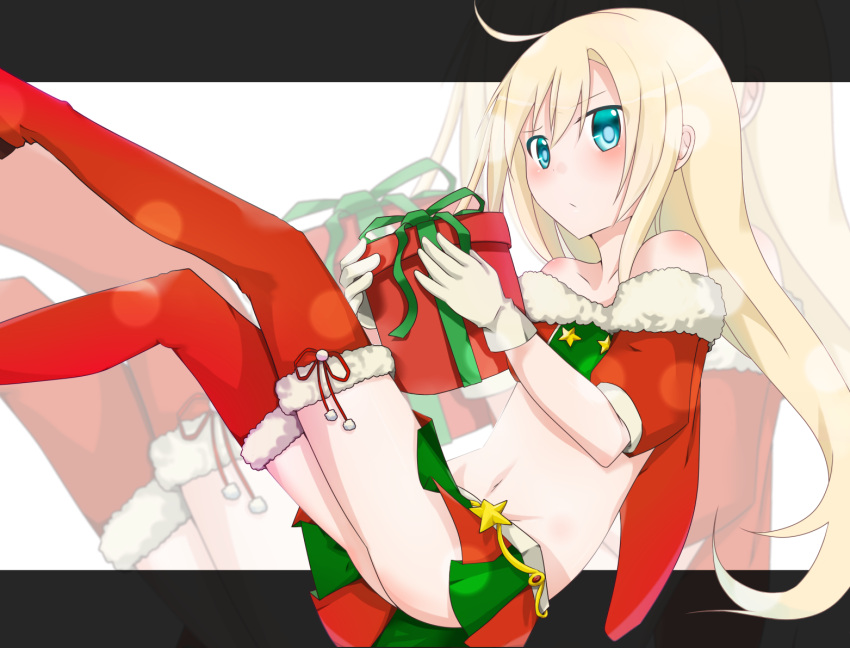 aquila_girl, blonde_hair, blue_eyes, blush, box, christmas, cosmic_break, gift