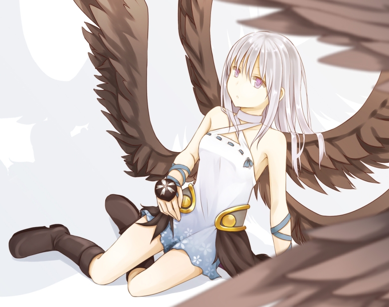 alternate_color, black_wings, cosmic_break, dress, eris_(cosmic_break), kotoka_(purin2), violet_eyes, white_dress, white_hair, wings