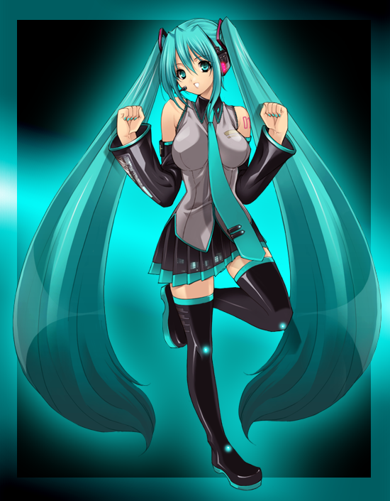 aqua_eyes, aqua_hair, bad_id, boots, breasts, detached_sleeves, hatsune_miku, headphones, kure_eiji, large_breasts, long_hair, nail_polish, necktie, skirt, solo, thigh-highs, thigh_boots, thighhighs, twintails, very_long_hair, vocaloid, zettai_ryouiki