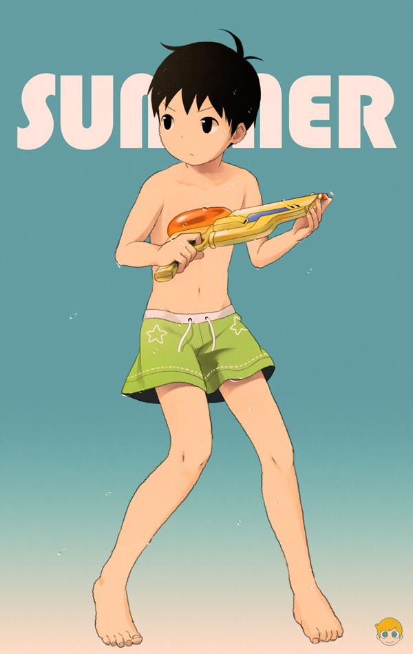1boy, barefoot, black_eyes, black_hair, english, full_body, male_focus, navel
