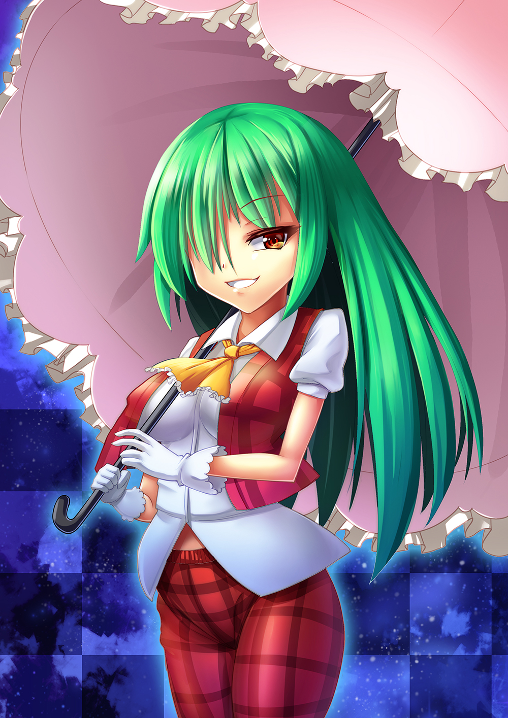 1girl, checkered, checkered_background, checkered_pants, checkered_vest, clenched_teeth, green_hair, highres, kazami_yuuka, kazami_yuuka_(pc-98), parasol, red_eyes, solo, touhou, touhou_(pc-98), umbrella, z.o.b