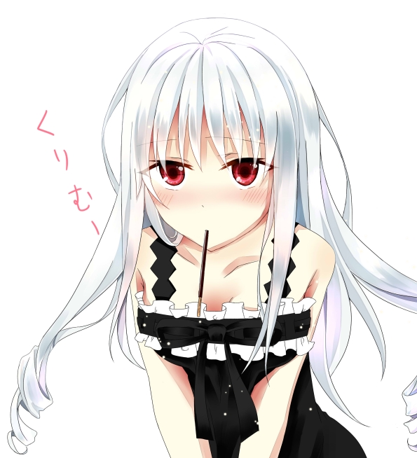 black_dress, blush, cosmic_break, curly_hair, dress, ivis, kotoka_(purin2), pocky, red_eyes, white_hair