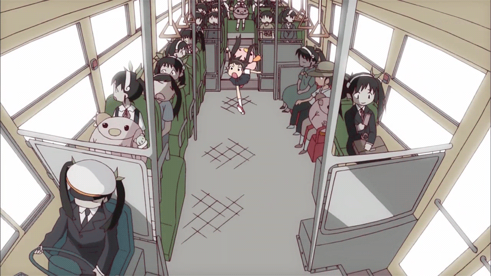 animated_gif, bakemonogatari, bus, bus_interior, cap, gif, hachikuji_mayoi, monogatari_(series), motor_vehicle, one-person_show, screencap, shaft, twintails, vehicle