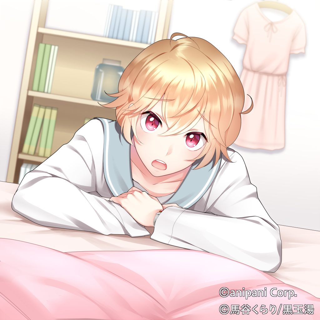 1boy, binan_koukou_chikyuu_bouei-bu_love!, blonde_hair, blush, book, bookshelf, clothes_on_wall, copyright, dress, hakone_yumoto, male_focus, official_art, open_mouth, pov, red_eyes, sailor_collar, short_hair, solo, watermark