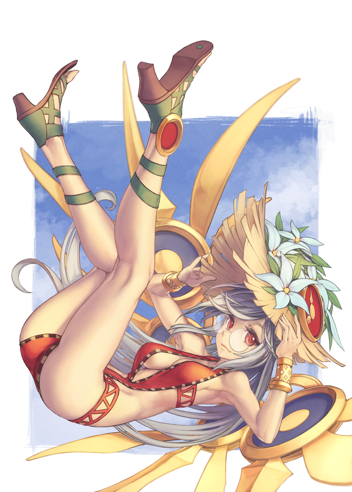 1girl, ass, bare_shoulders, bikini, blue_sky, bracer, breasts, clock, clouds, flower, glasses, grey_hair, hands_on_headwear, hat, hat_flower, hat_leaf, high_heels, kneepits, leaf, legs_up, lily_(flower), long_hair, mechanical_wings, one-piece_swimsuit, puzzle_&amp;_dragons, red_bikini, red_swimsuit, rotix, round_glasses, sky, smile, solo, straw_hat, swimsuit, urd_(p&amp;d), wings