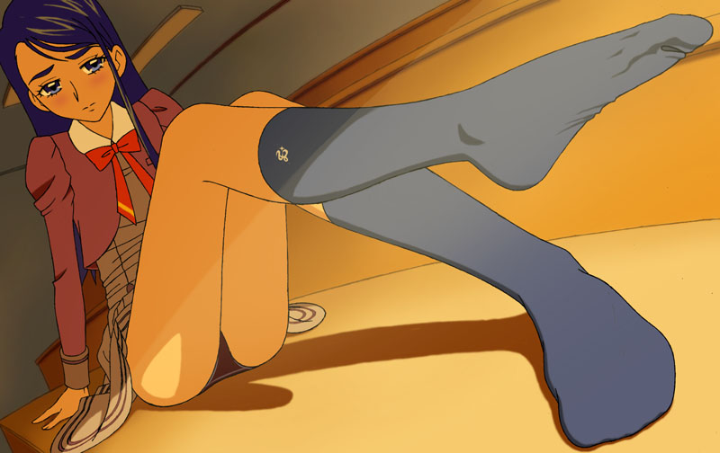 asahina_(asahinatei), blue_eyes, blue_hair, blue_legwear, blue_socks, blush, classroom, embarrassed