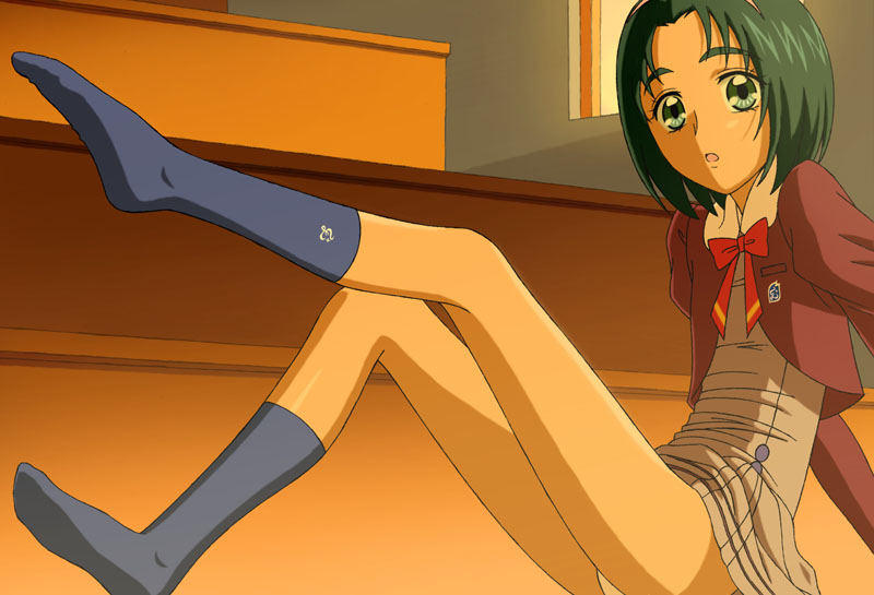 asahina_(asahinatei), blue_legwear, blue_socks, classroom, feet, green_eyes, green_hair, leg_lift