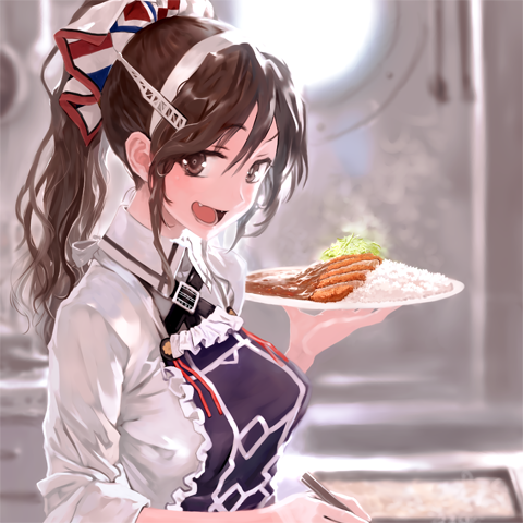 1girl, :d, adapted_costume, alternate_hairstyle, apron, ashigara_(kantai_collection), bangs, blurry