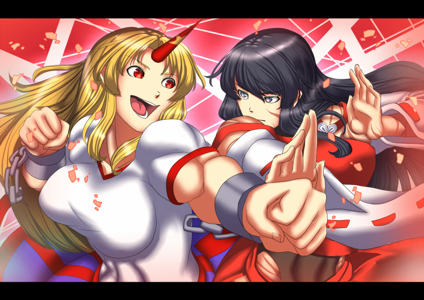 2girls, black_hair, blocking, blonde_hair, breasts, clenched_hands, detached_sleeves, faceoff