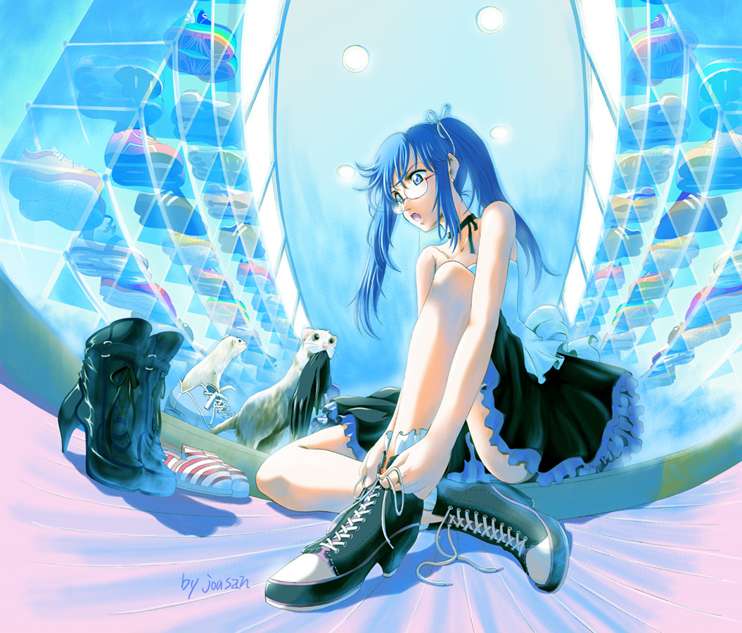 blue_eyes, blue_hair, boots, choker, dress, earrings, ferret, frills