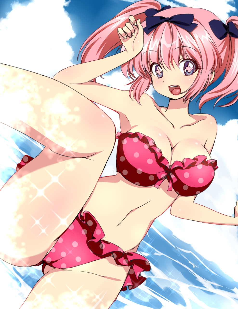 +_+, 1girl, bandeau, bare_shoulders, bikini, blue_eyes, blush, bow