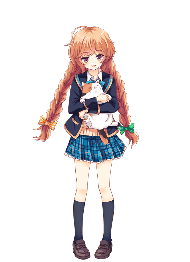 1girl, ahoge, bowtie, braid, brown_hair, cat, girlfriend_(kari), hair_ribbon, legs, official_art, plaid, plaid_skirt, pleated_skirt, qp:flapper, ribbon, school_uniform, simple_background, skirt, solo, suzukawa_rino, twin_braids, violet_eyes, white_background