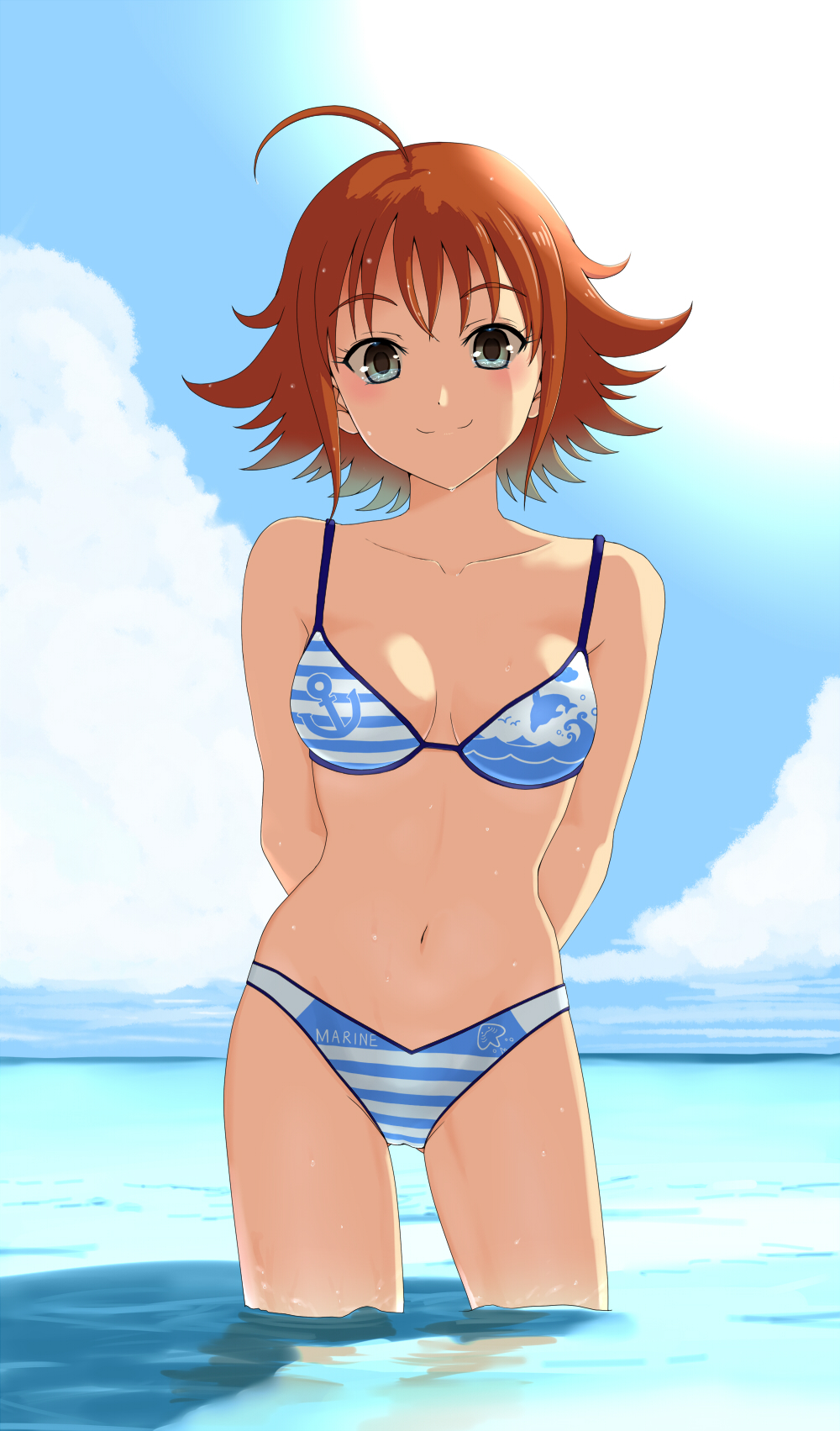 1girl, ahoge, bikini, blue_eyes, breasts, brown_hair, cleavage, highres