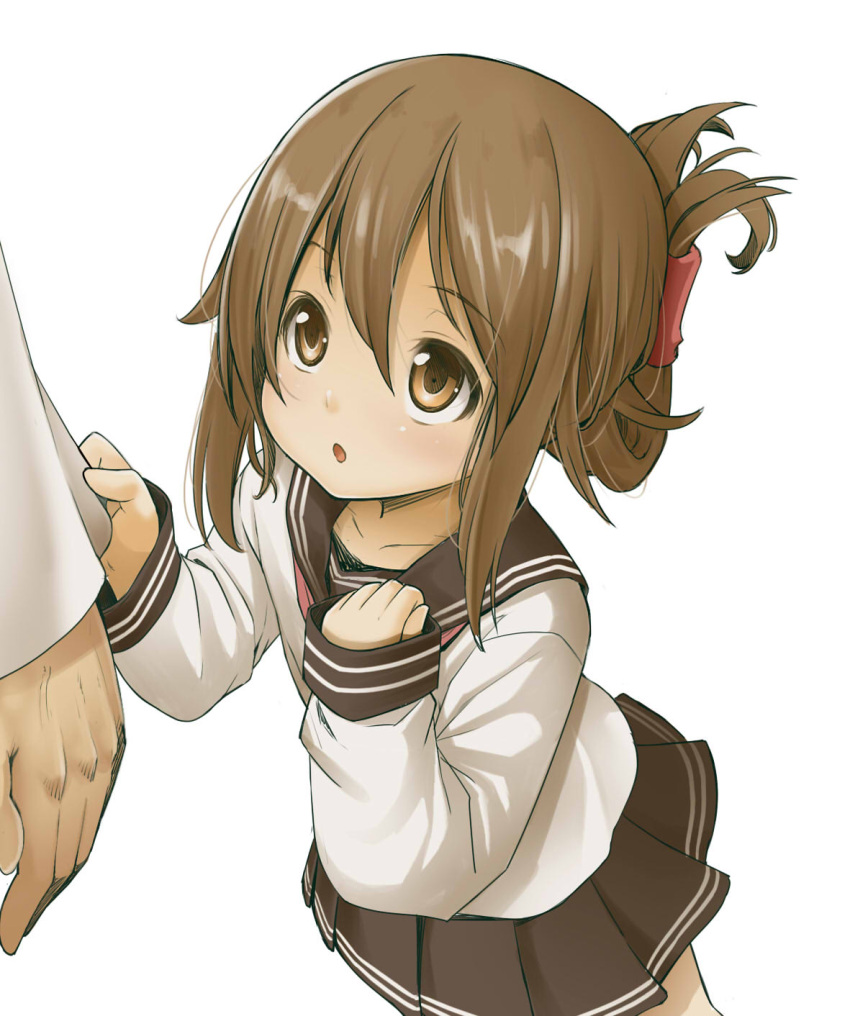 1boy, 1girl, admiral_(kantai_collection), blush, brown_eyes, brown_hair, folded_ponytail, highres
