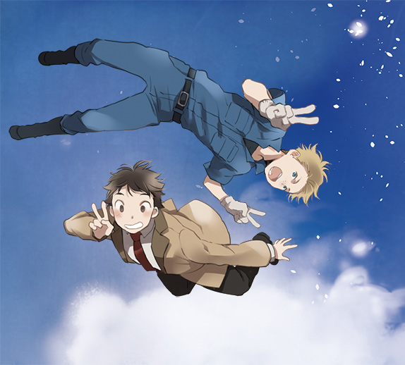2boys, aldnoah.zero, blazer, blonde_hair, blue_eyes, boots, brown_eyes, brown_hair, calm_craftman, clouds, double_v, flying, full_body, gloves, jusc0, male_focus, mechanic, mikuni_okisuke, multiple_boys, necktie, open_mouth, school_uniform, sky, v