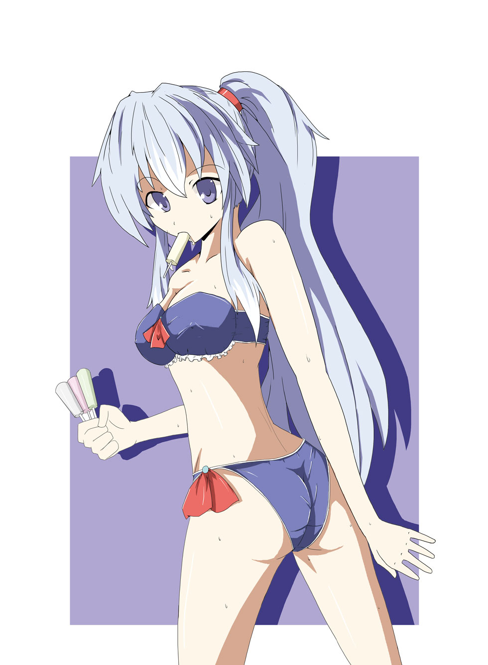 ass, bare_shoulders, bikini, blue_eyes, blue_hair, breasts, cleavage, erect_nipples