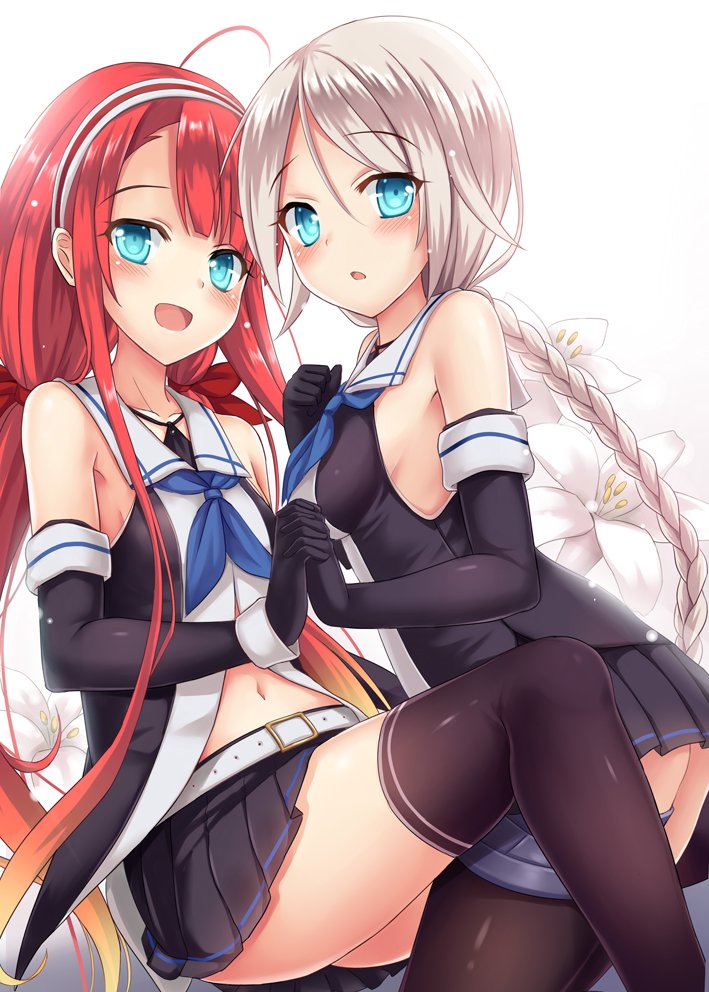 2girls, belt, black_gloves, black_legwear, blue_eyes, blush, bow, braid