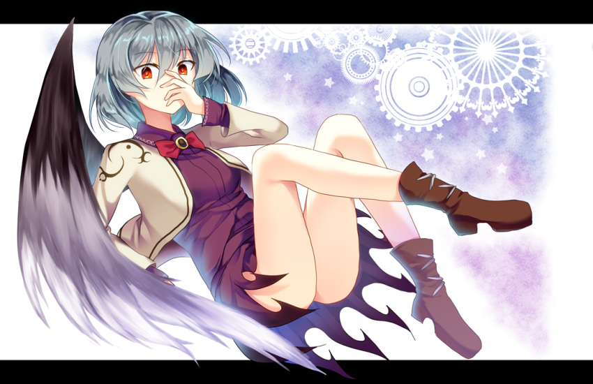 1girl, black_wings, boots, bow, brooch, dress, irotani_asuka, jacket