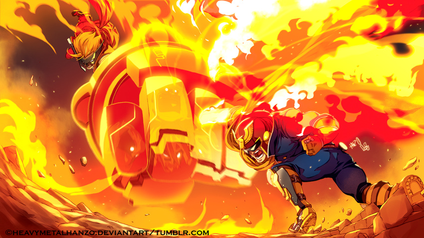 2boys, captain_falcon, crossover, f-zero, fire, helmet, metalhanzo, multiple_boys