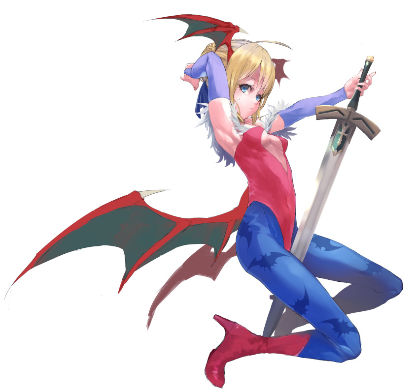1girl, absurdres, arm_up, armpits, blonde_hair, blue_eyes, blue_legwear, bridal_gauntlets