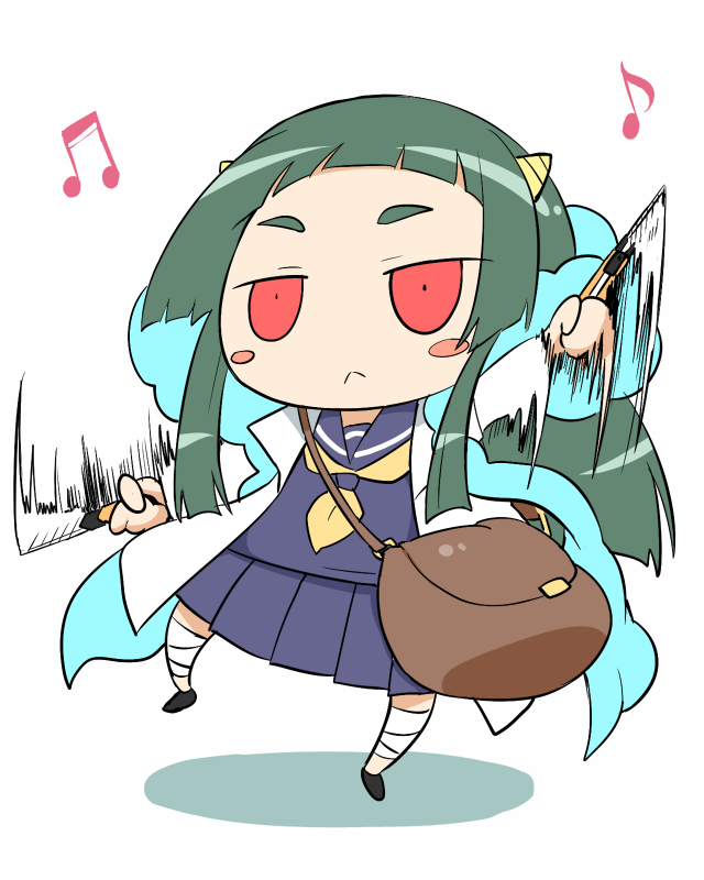 1girl, :<, bag, bandages, chibi, green_hair, horns, kami_nomi_zo_shiru_sekai, long_hair, lune_(kaminomi), motion_lines, penknife, red_eyes, school_uniform, serafuku, solo, yuto_(dialique)