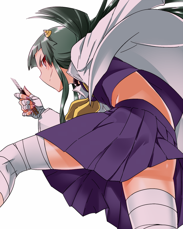 1girl, bandages, choker, green_hair, horns, kami_nomi_zo_shiru_sekai, long_hair, lune_(kaminomi), penknife, red_eyes, school_uniform, serafuku, smile, solo, yuto_(dialique)