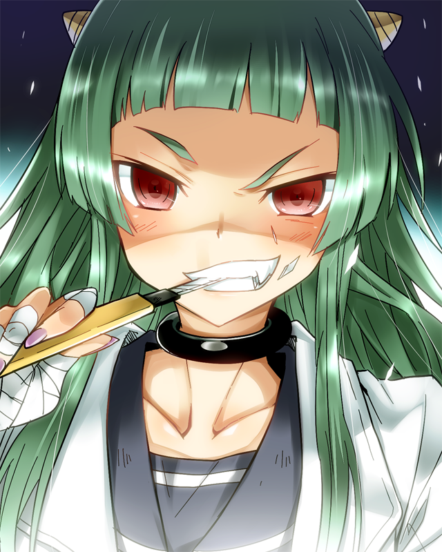 1girl, bandages, choker, green_hair, horns, kami_nomi_zo_shiru_sekai, long_hair, lune_(kaminomi)