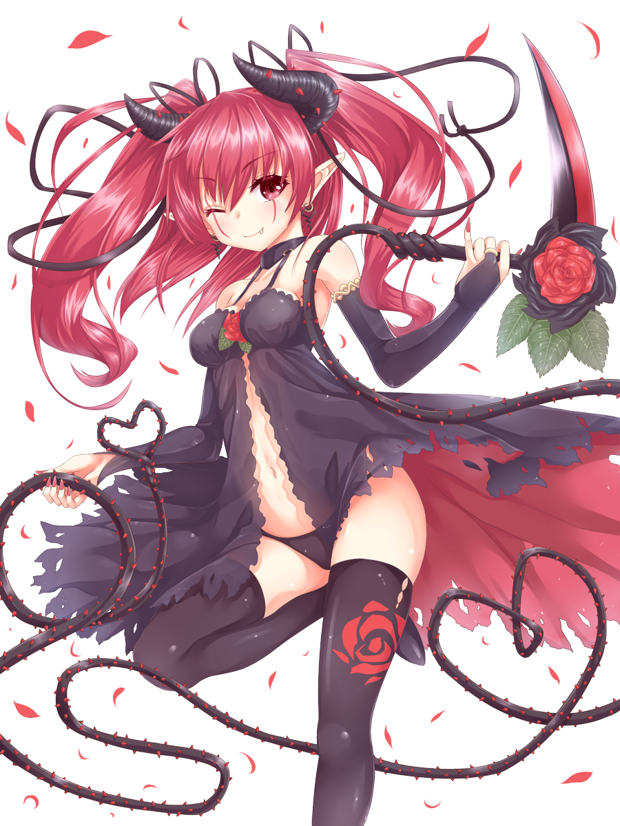 1girl, babydoll, breasts, demon_girl, demon_horns, female, flower, highres, horns, long_hair, miiiiiiimu, one_eye_closed, original, panties, red_eyes, redhead, rose, scar, scythe, solo, thigh-highs, thorns, two_side_up, underwear, whip