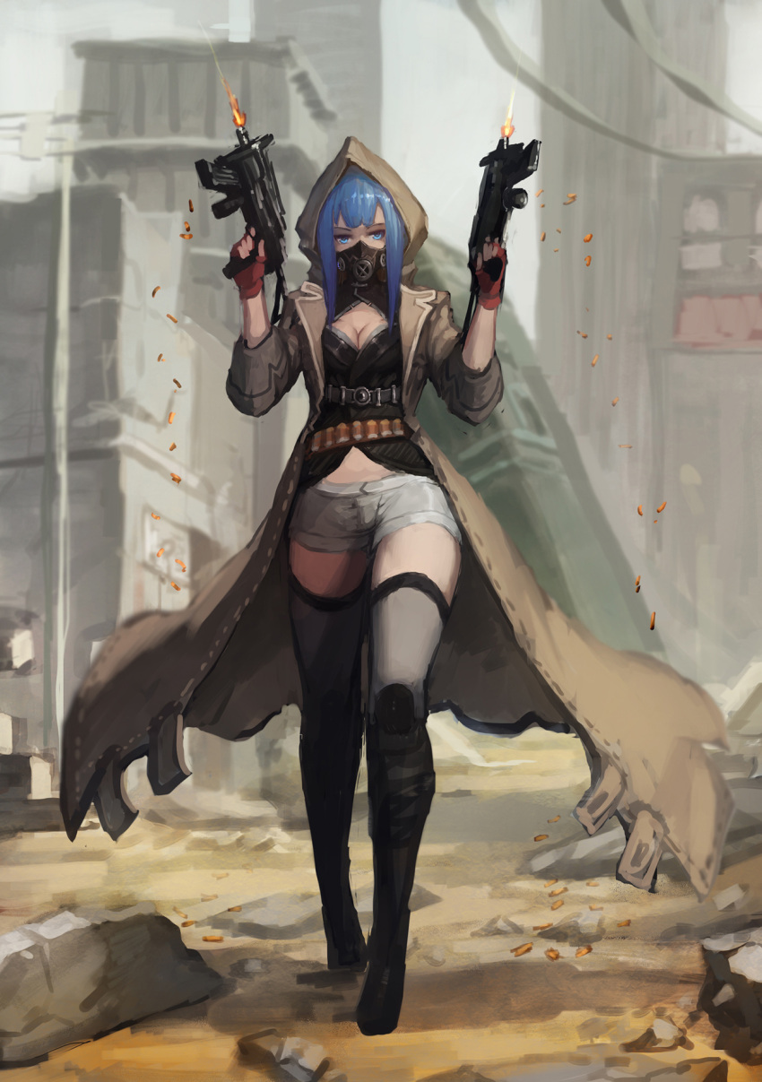 1girl, acket, blue_eyes, blue_hair, dual_wielding, gas_mask, gods_(1073337800), highres, hooded_jacket, long_hair, original, pixiv_fantasia, pixiv_fantasia_t, solo, thigh-highs