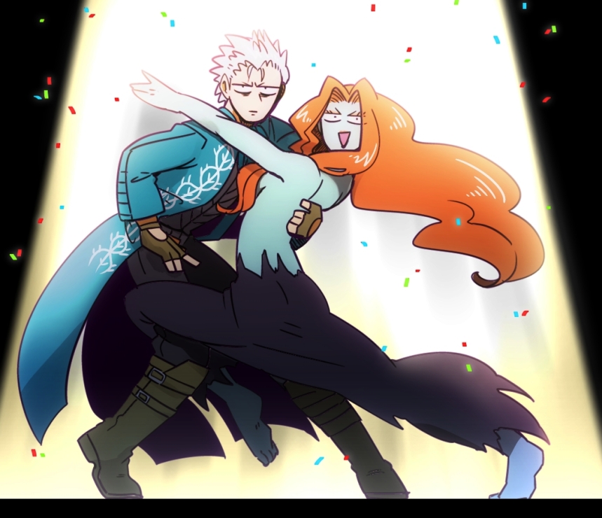 1boy, 1girl, confetti, dancing, devil_may_cry, devil_may_cry_(series), devil_may_cry_3, long_hair