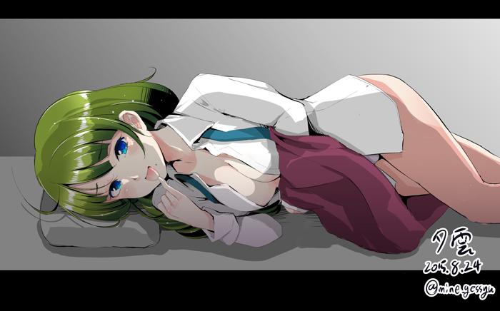 1girl, ahoge, blue_eyes, braid, green_hair, kantai_collection, licking, long_hair