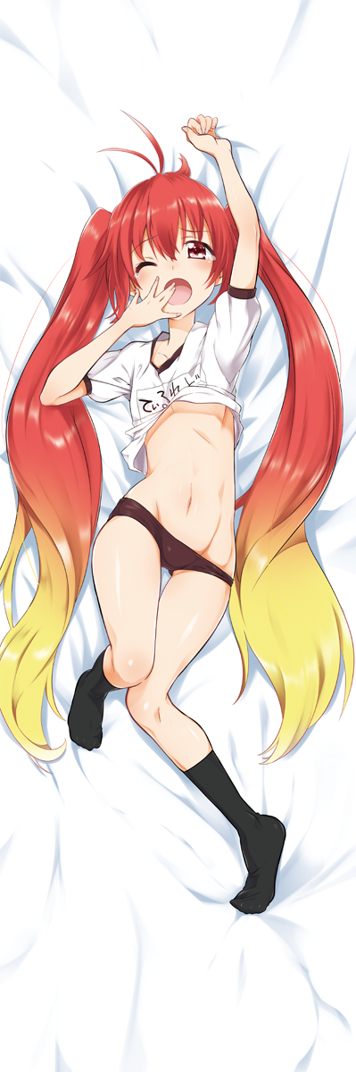 1girl, ;o, ahoge, arm_up, bed_sheet, black_legwear, black_panties, blonde_hair
