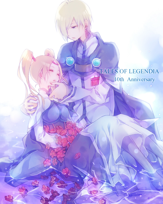 1boy, 1girl, blonde_hair, cape, closed_eyes, dress, fenimore, flower