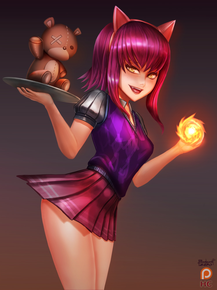 1girl, animal_ears, annie_hastur, badcompzero, fake_animal_ears, fang, fire, league_of_legends