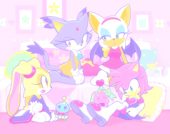 1boy, 4girls, :d, amy_chao, amy_rose, amy_rose_(cosplay), animal_ears, animal_nose