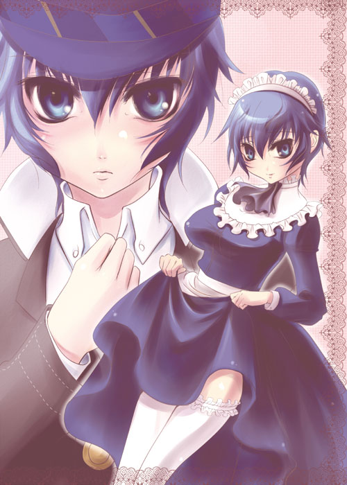 blue_hair, blush, cabbie_hat, hairband, hat, maid, persona, persona_4