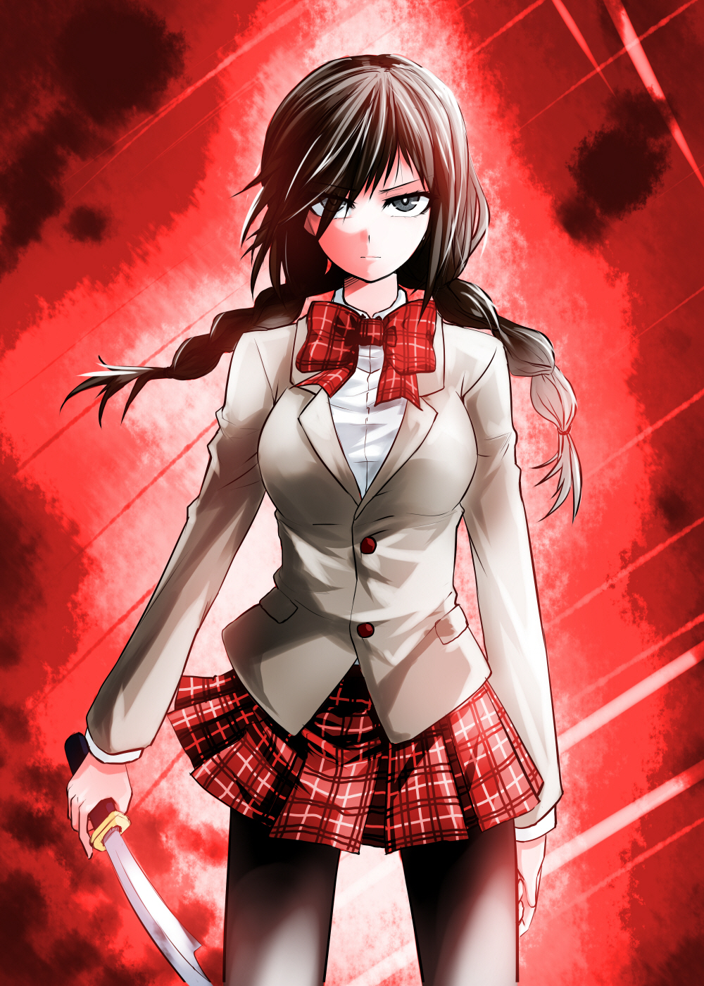 1girl, bangs, black_eyebrows, black_eyes, black_hair, breasts, buttons, eyebrows, eyebrows_visible_through_hair, highres, holding_knife, holding_weapon, kurai_yonaka, large_buttons, legs, legs_apart, looking_at_viewer, miniskirt, mogeko_castle, plaid_bow, plaid_miniskirt, school_uniform, sidelocks, solo, thighs, tights, weapon