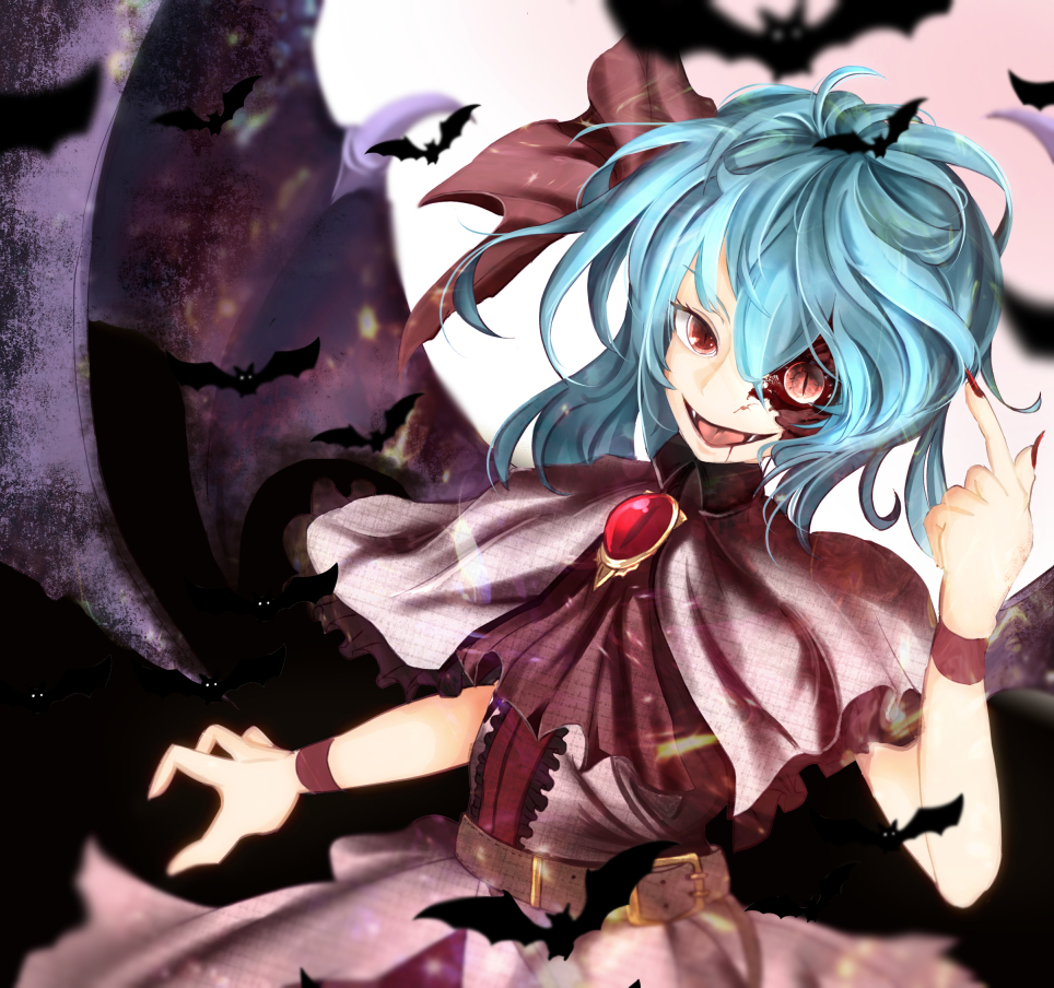 1girl, bat, bat_wings, belt, blood, blood_from_mouth, blue_hair, brooch