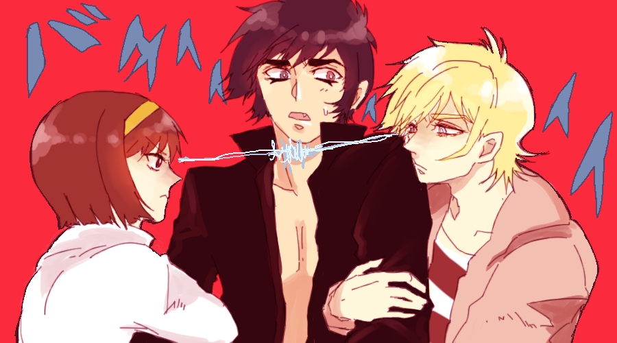 1girl, 2boys, artist_request, asuka_ryou, black_eyes, black_hair, blonde_hair, blue_eyes