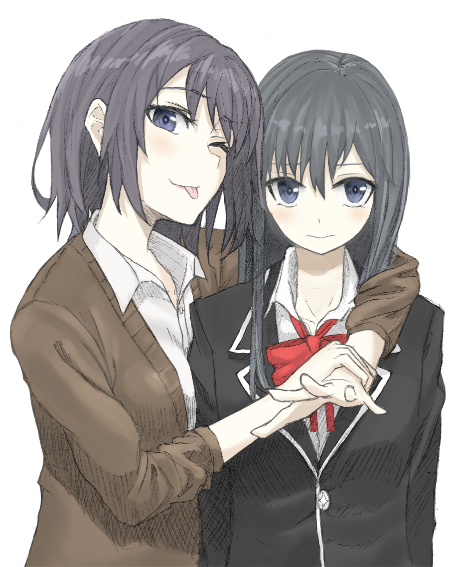2girls, black_hair, blazer, kosdsp, long_hair, multiple_girls, school_uniform, yahari_ore_no_seishun_lovecome_wa_machigatteiru.