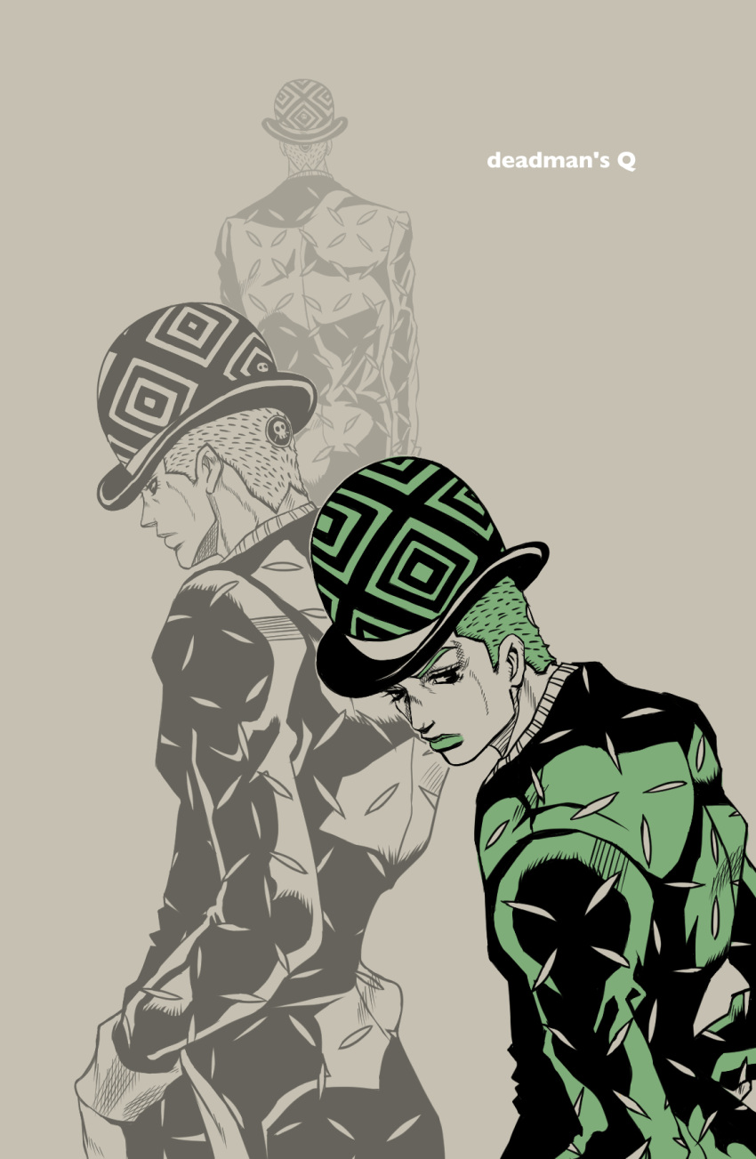 1boy, araki_hirohiko_(style), bowler_hat, green_hair, green_lipstick, hat, highres, jojo_no_kimyou_na_bouken