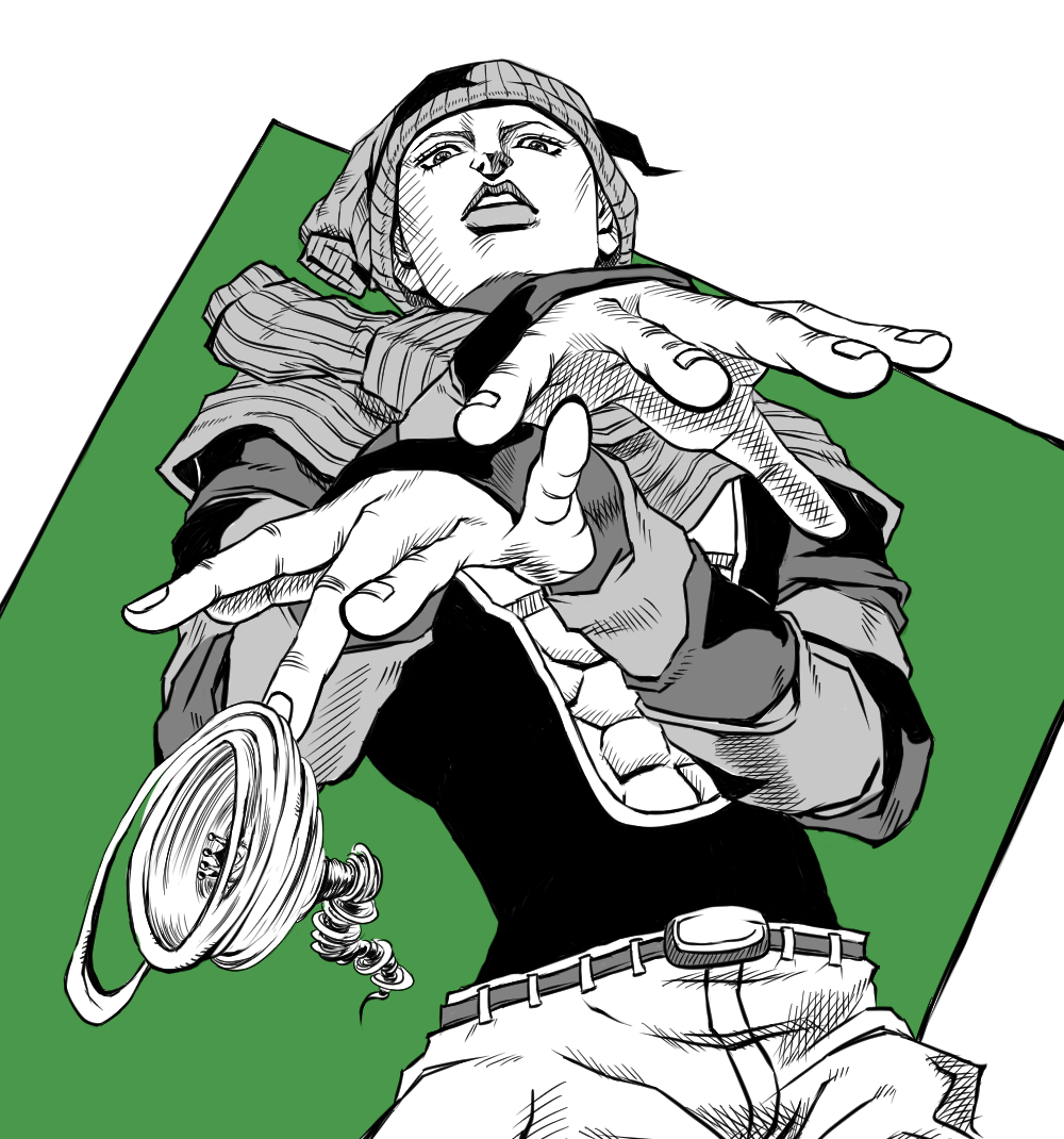 1boy, araki_hirohiko_(style), crosshatching, dainenjiyama_aishou, doobie_wah!, from_below, headwear, jojo_no_kimyou_na_bouken