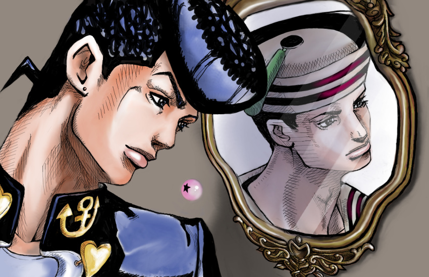 araki_hirohiko_(style), black_hair, blue_eyes, blue_hair, bubble, crosshatching, dixie_cup_hat, earrings, gakuran, hat, higashikata_jousuke, higashikata_jousuke_(jojolion), highres, jewelry, jojo_no_kimyou_na_bouken, jojolion, military_hat, mirror, pompadour, school_uniform, seris-valentine