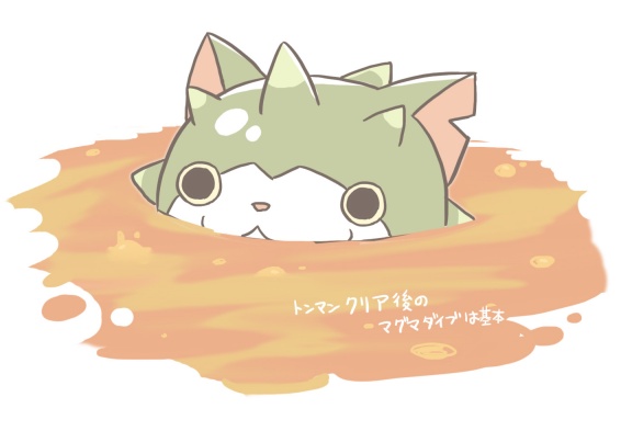 :3, cat, molten_rock, no_humans, notched_ear, partially_submerged, simple_background, solo
