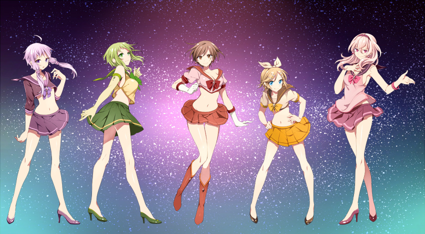 5girls, ahoge, bishoujo_senshi_sailor_moon, blonde_hair, blue_eyes, boots, bracelet, breasts, brown_eyes, brown_hair, cleavage, crop_top, earrings, elbow_gloves, gahata_meiji, gloves, green_eyes, green_gloves, green_hair, green_skirt, gumi, hair_ornament, hair_ribbon, hairband, hairclip, hand_on_own_chest, hands_on_hips, highres, jewelry, kagamine_rin, long_hair, meiko, midriff, multiple_girls, pink_hair, pink_skirt, purple_hair, purple_skirt, red_skirt, ribbon, sailor_collar, sailor_senshi_(cosplay), short_hair, short_sleeves, sideboob, skirt, sleeveless, smile, toudou_charo, twintails, utau, violet_eyes, vocaloid, white_gloves, white_ribbon, yuzuki_yukari