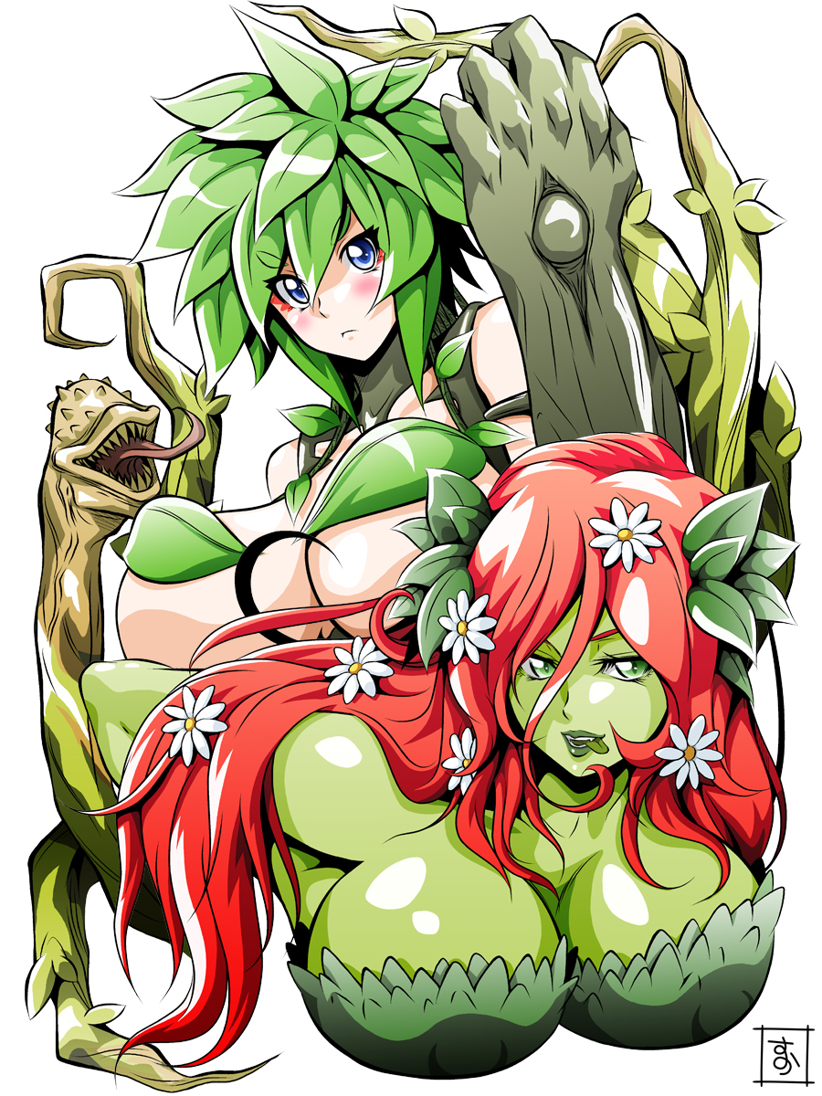 2girls, batman_(series), blue_eyes, blush, breasts, crossover, dryad, flower, green_eyes, green_hair, green_lipstick, green_skin, hair_flower, hair_ornament, highres, kii_(monster_musume), leaf, lipstick, long_hair, makeup, monster_girl, monster_musume_no_iru_nichijou, multiple_girls, nude, plant_girl, poison_ivy, redhead, s-now, signature, simple_background, tongue, tongue_out, trait_connection, white_background