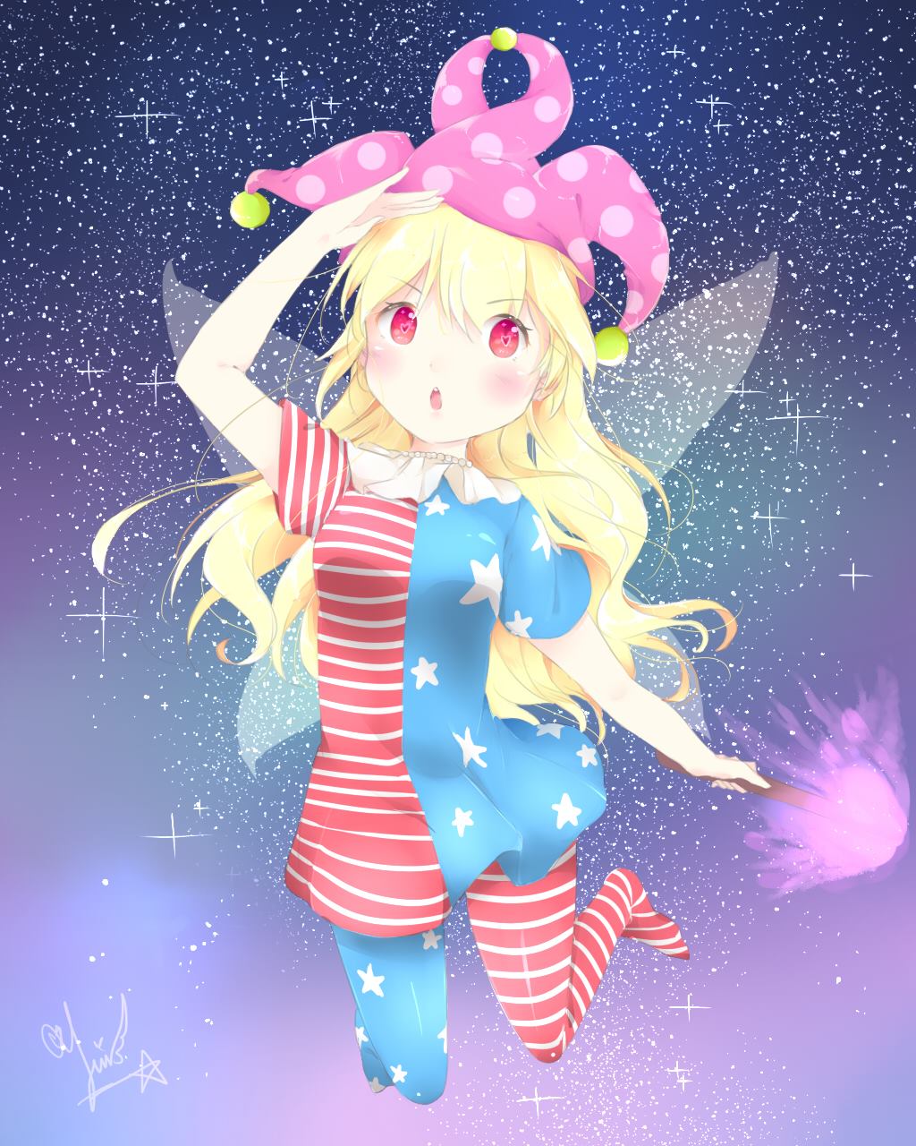 1girl, american_flag_legwear, american_flag_shirt, artist_name, blonde_hair, clownpiece, hat, highres, jester_cap, solo, space, torch, touhou, yuikannon