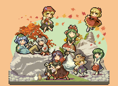 aki_minoriko, aki_shizuha, chibi, everyone, geta, inubashiri_momiji, kagiyama_hina, kawashiro_nitori, kochiya_sanae, lowres, moriya_suwako, mountain_of_faith, multiple_girls, oobako, pixel_art, shameimaru_aya, tengu-geta, touhou, yasaka_kanako