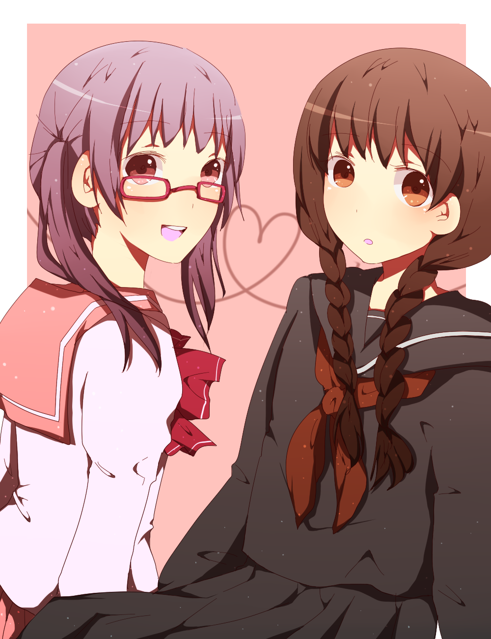 bad_id, braid, brown_eyes, brown_hair, glasses, heart, highres, koko_(artist)